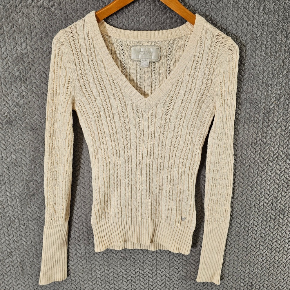 American Eagle Womens Cream Cable Knit V-Neck Sweater Long Sleeve Ivory‎ Medium - Picture 2 of 6